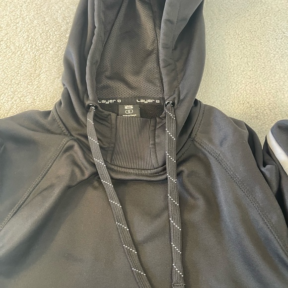 Layer 8 black with white stripes on arm Mens size small fleece lined hoodie - Picture 8 of 8